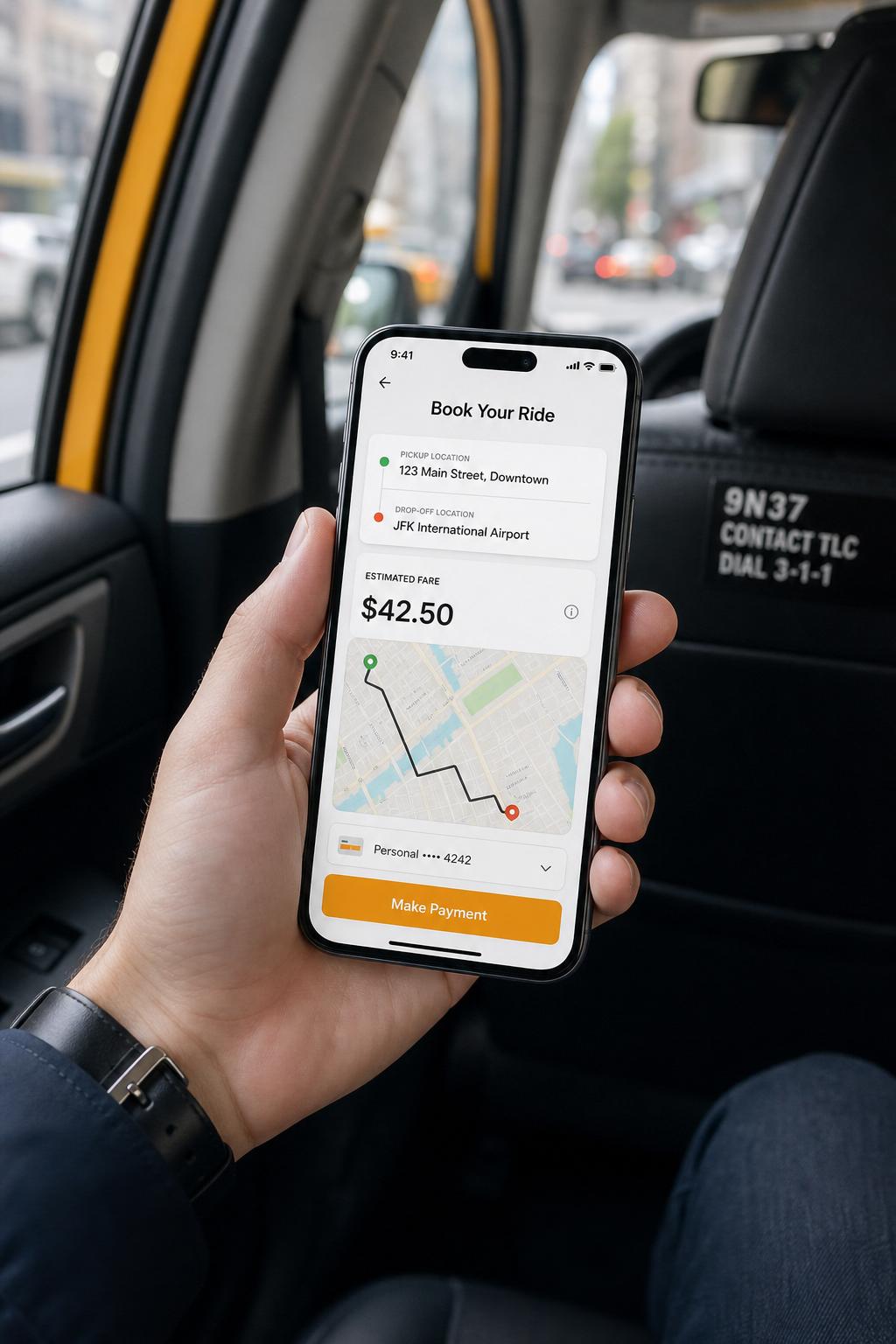 Branded chauffeur booking app shown inside a luxury vehicle — Taxi Web Design passenger app