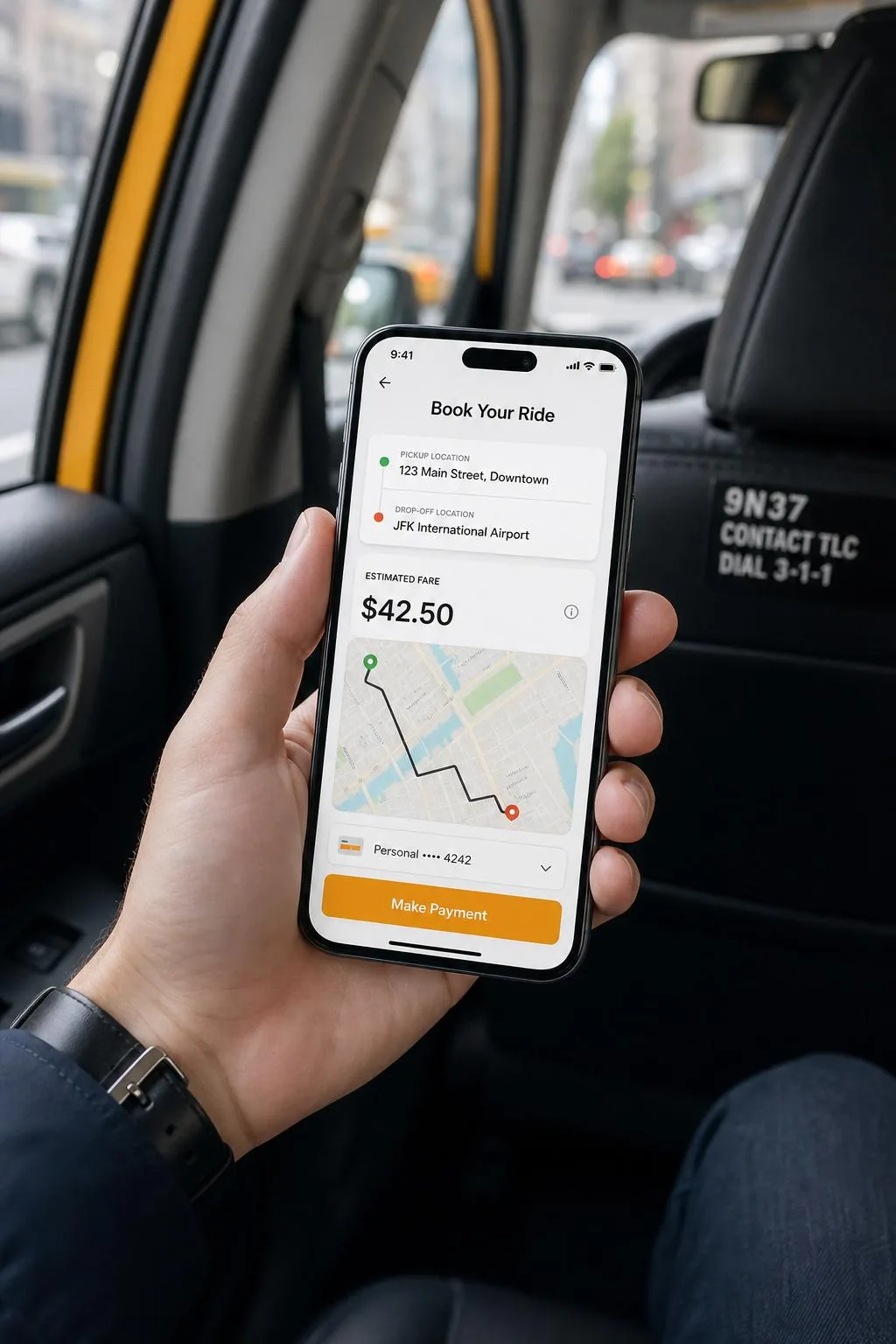 Branded chauffeur booking app shown inside a luxury vehicle — Taxi Web Design passenger app