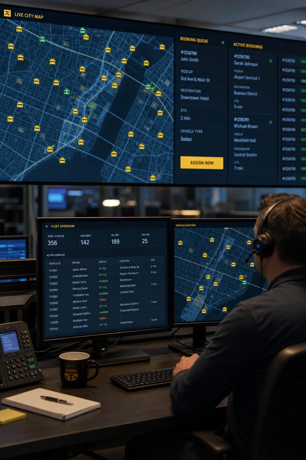 Luxury vehicle dashboard running the Taxi Web Design dispatch console with live route tracking