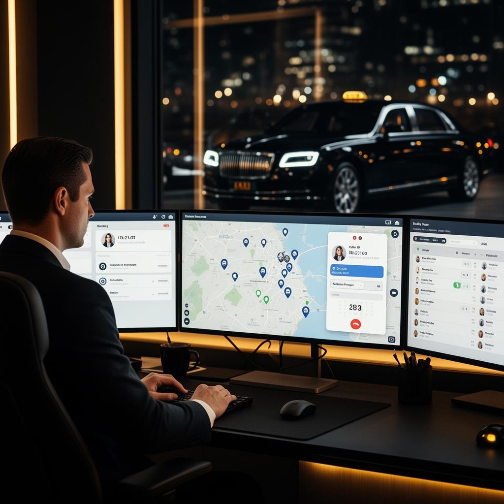 Taxi dispatcher using Taxi Web Design dispatch software with Caller ID, live GPS map and booking queue — built for limo and chauffeur operators