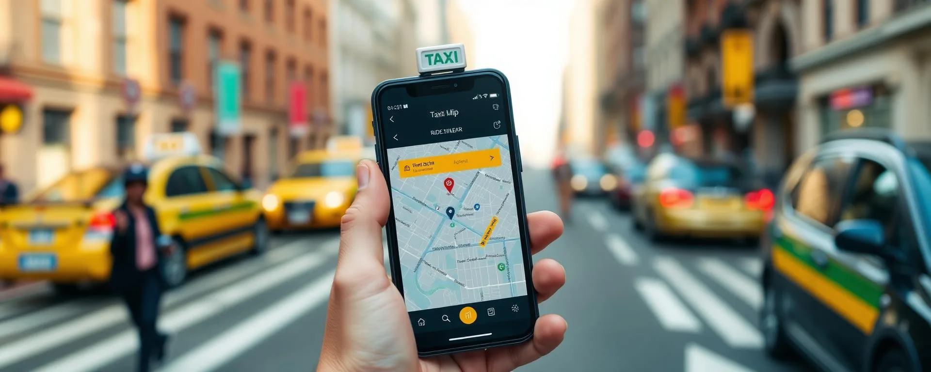 Branded passenger app showing a live map, pickup location and book ride button