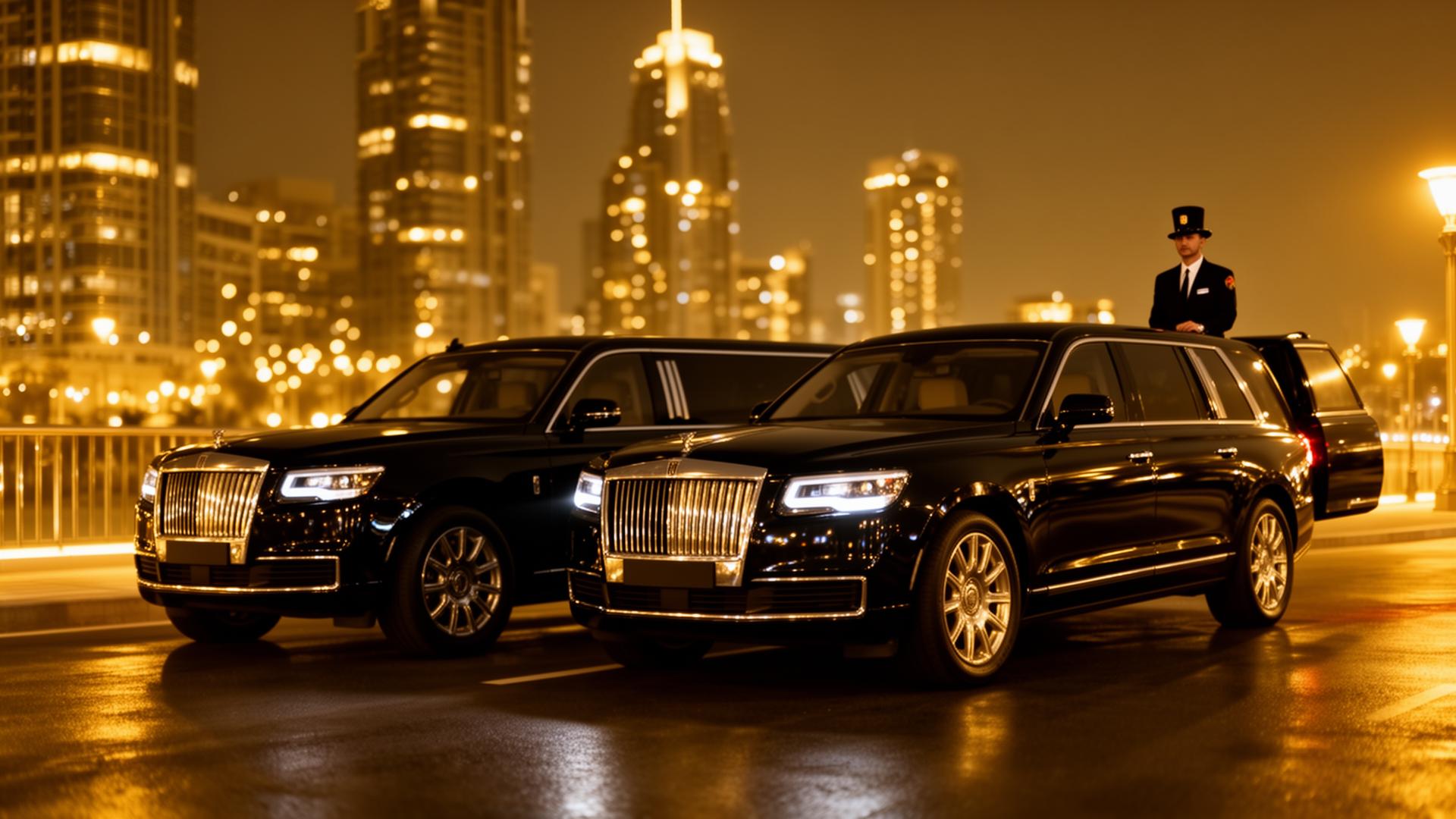 Luxury chauffeur fleet at night