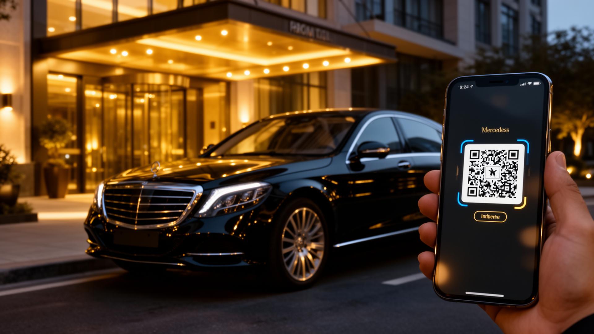 QR-first chauffeur booking platform hero banner showing a luxury vehicle and mobile QR scan flow