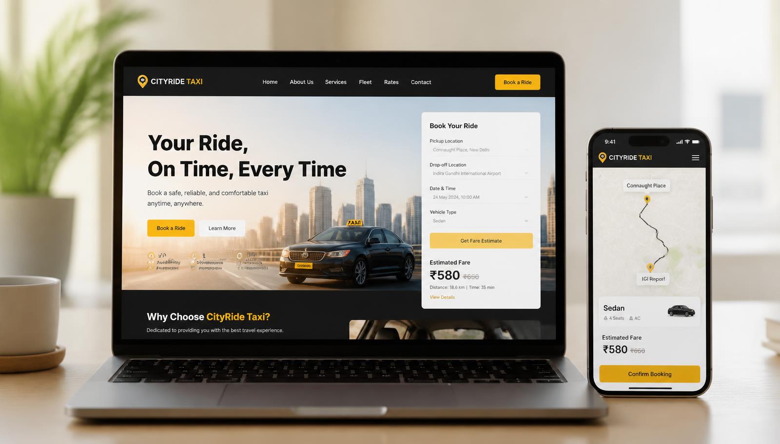 Web-based taxi booking system shown on a laptop and smartphone with live fare estimate