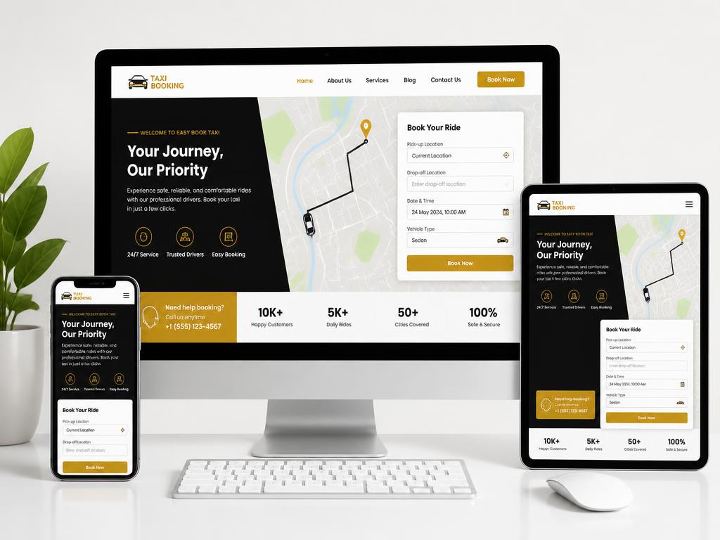Responsive web-based taxi booking system running on desktop, tablet and mobile