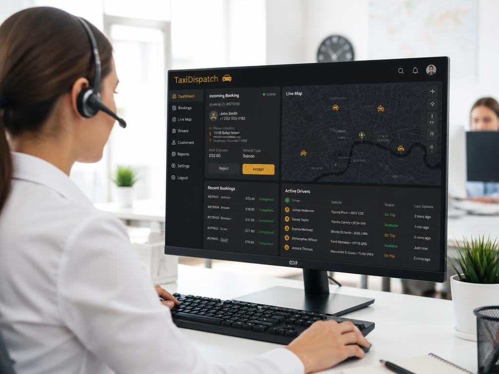 Dispatcher receiving an online taxi booking in the dispatch console with a live vehicle map