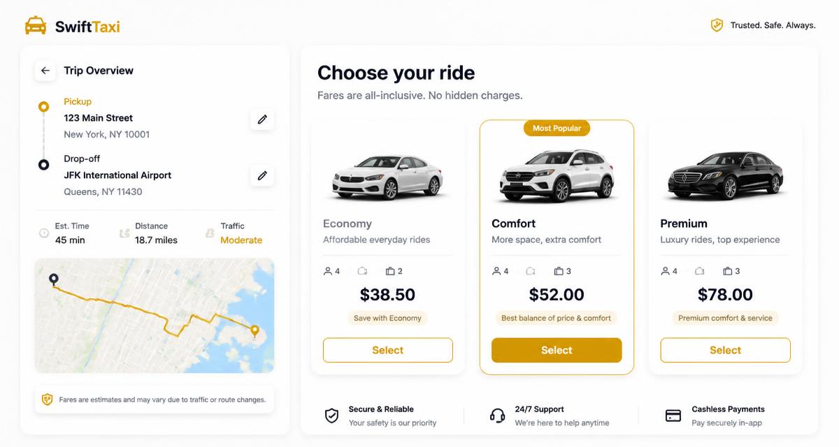 Taxi Web Booker live fare and vehicle choice screen