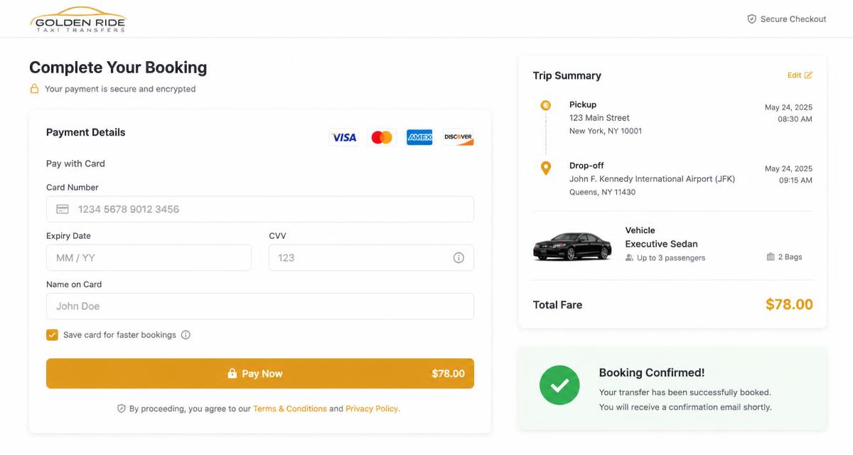 Taxi Web Booker payment and confirmation screen