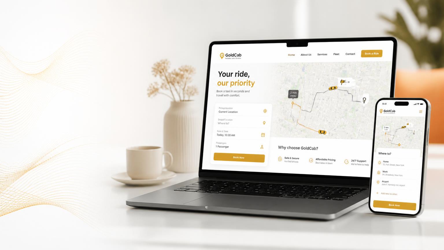 Taxi web booker shown on a laptop and smartphone with pickup, drop-off and instant fare quote