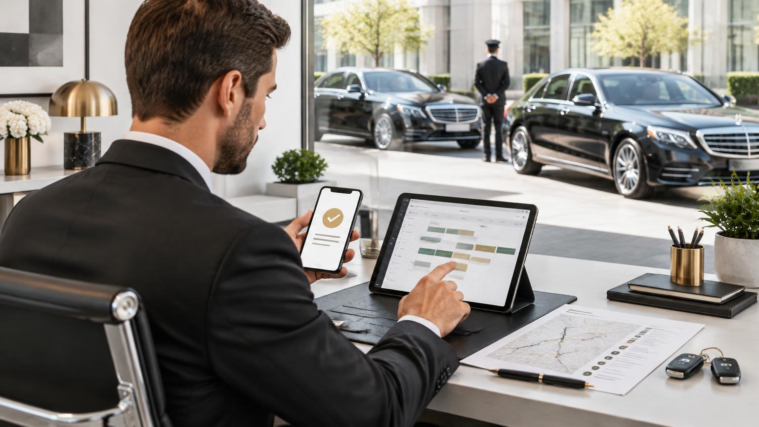Chauffeur operator managing online limo bookings, vehicles and driver assignments from one system